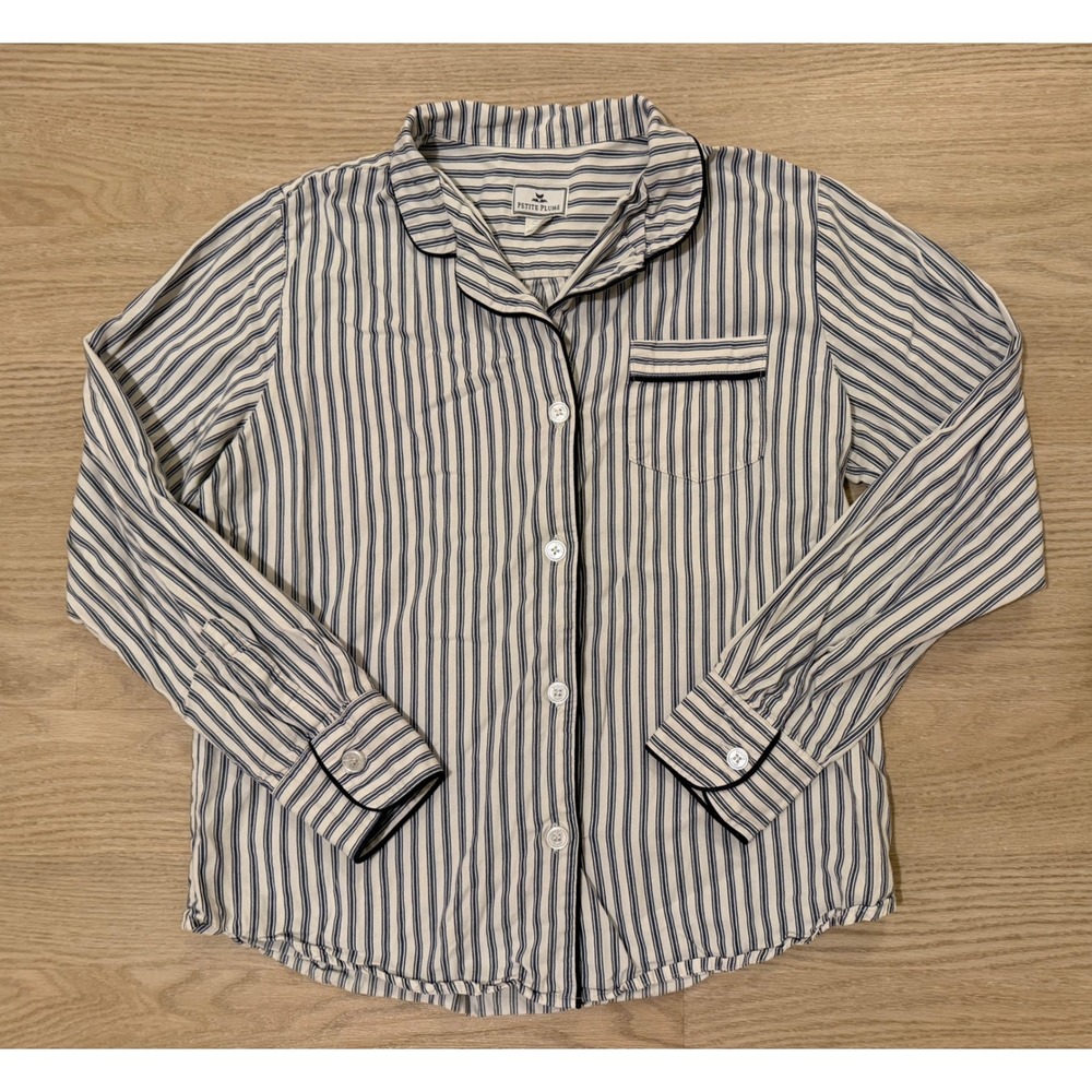 Petite Plume French Ticking Twill Pajama Top Womens M Navy White Stripe Preppy - Picture 3 of 11